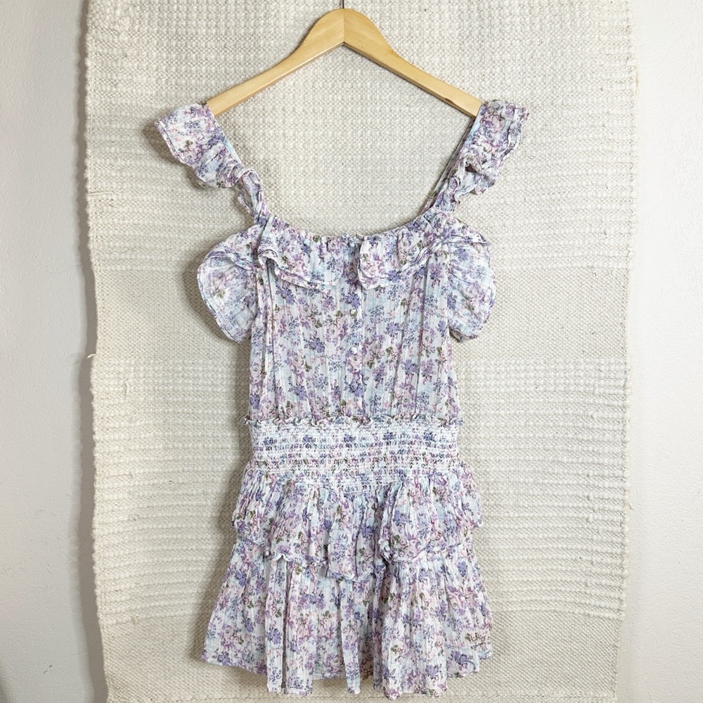 LOVESHACKFANCY blue and purple floral Shanely tiered ruffle mini dress S